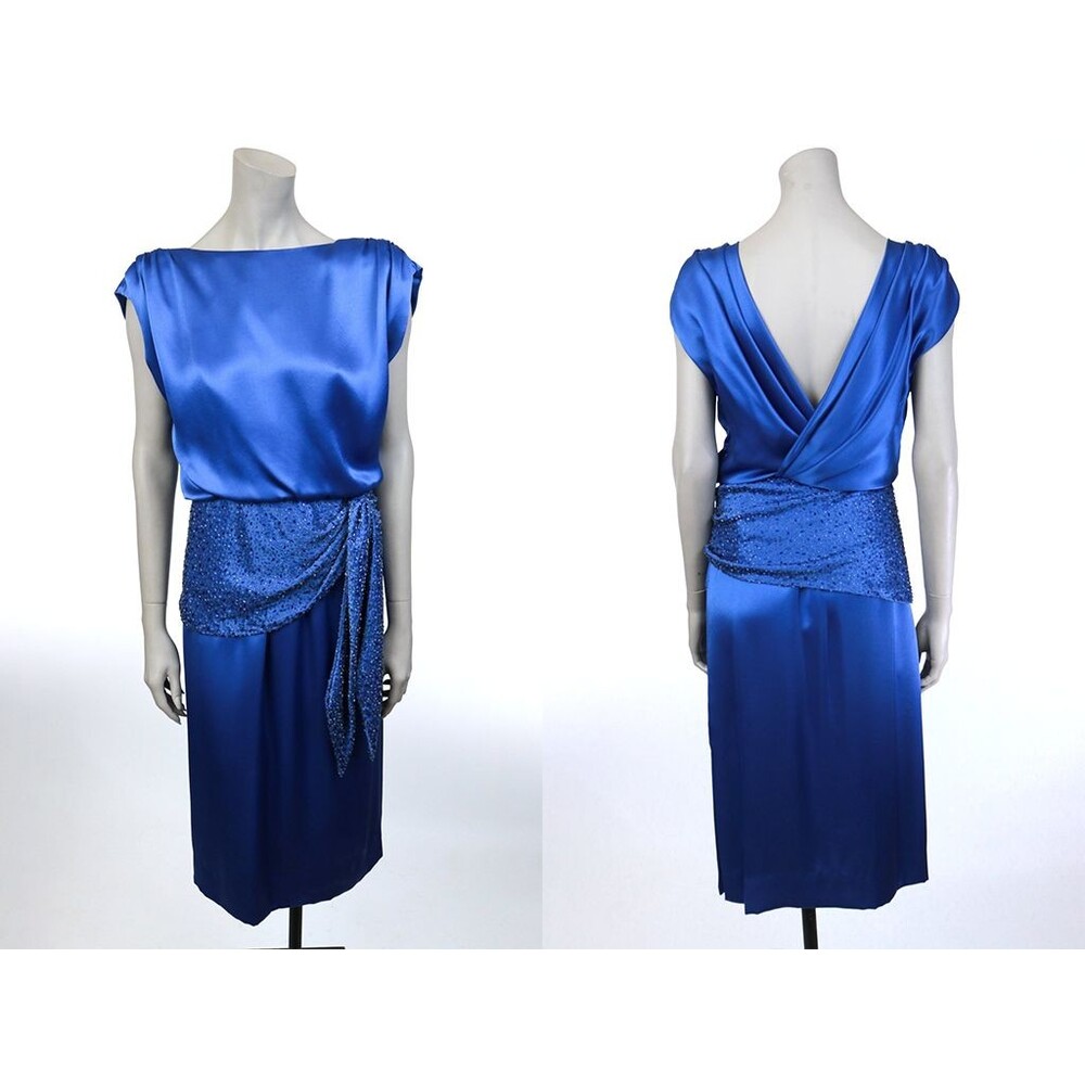 Vintage 1980s 80s Victoria Royal Ltd Low Back Blue Silk Beaded Cocktail Dress S